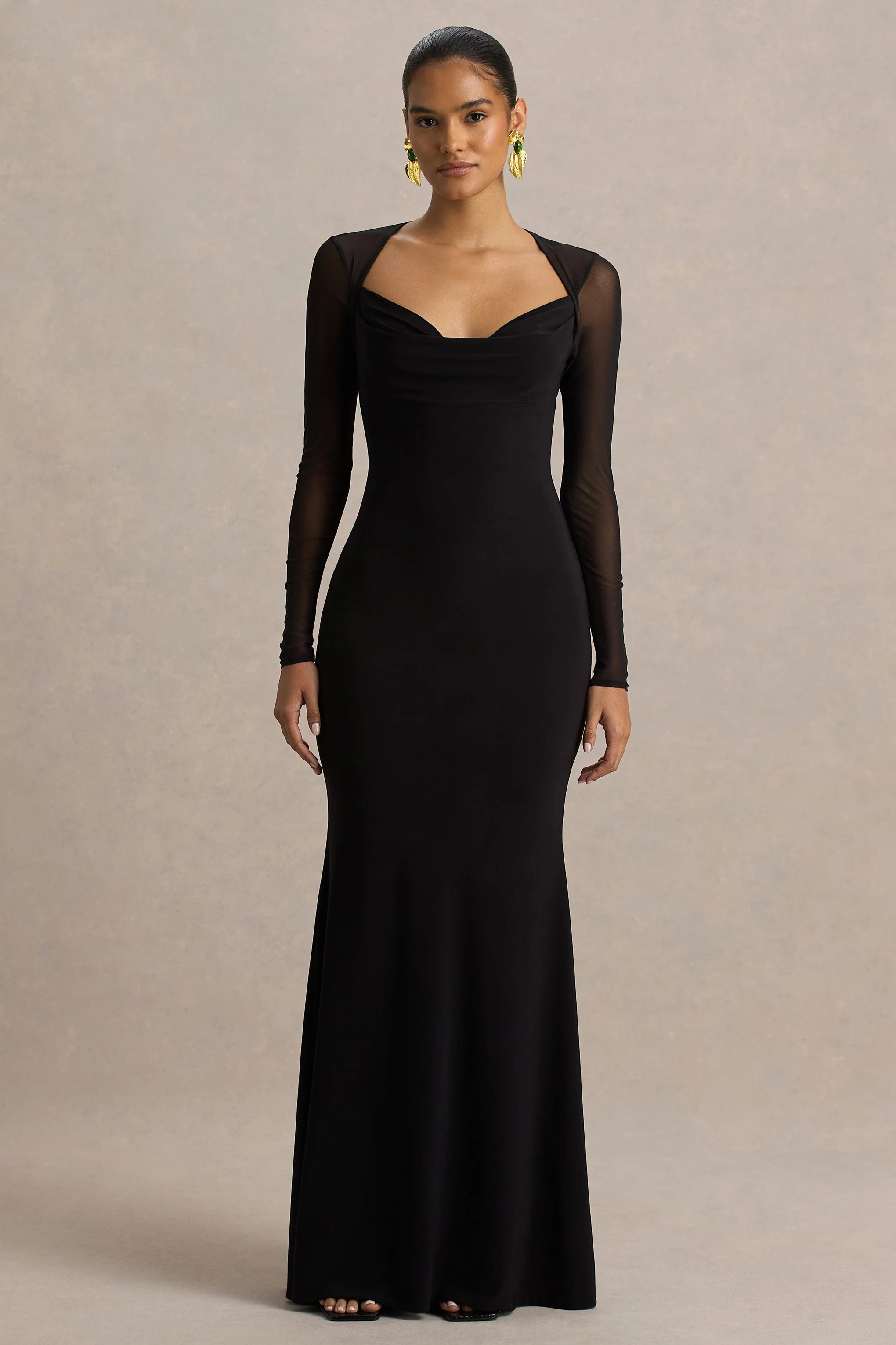 Bethan | Black Cowl-Neck Maxi Dress With Mesh Sleeves And Open-Back