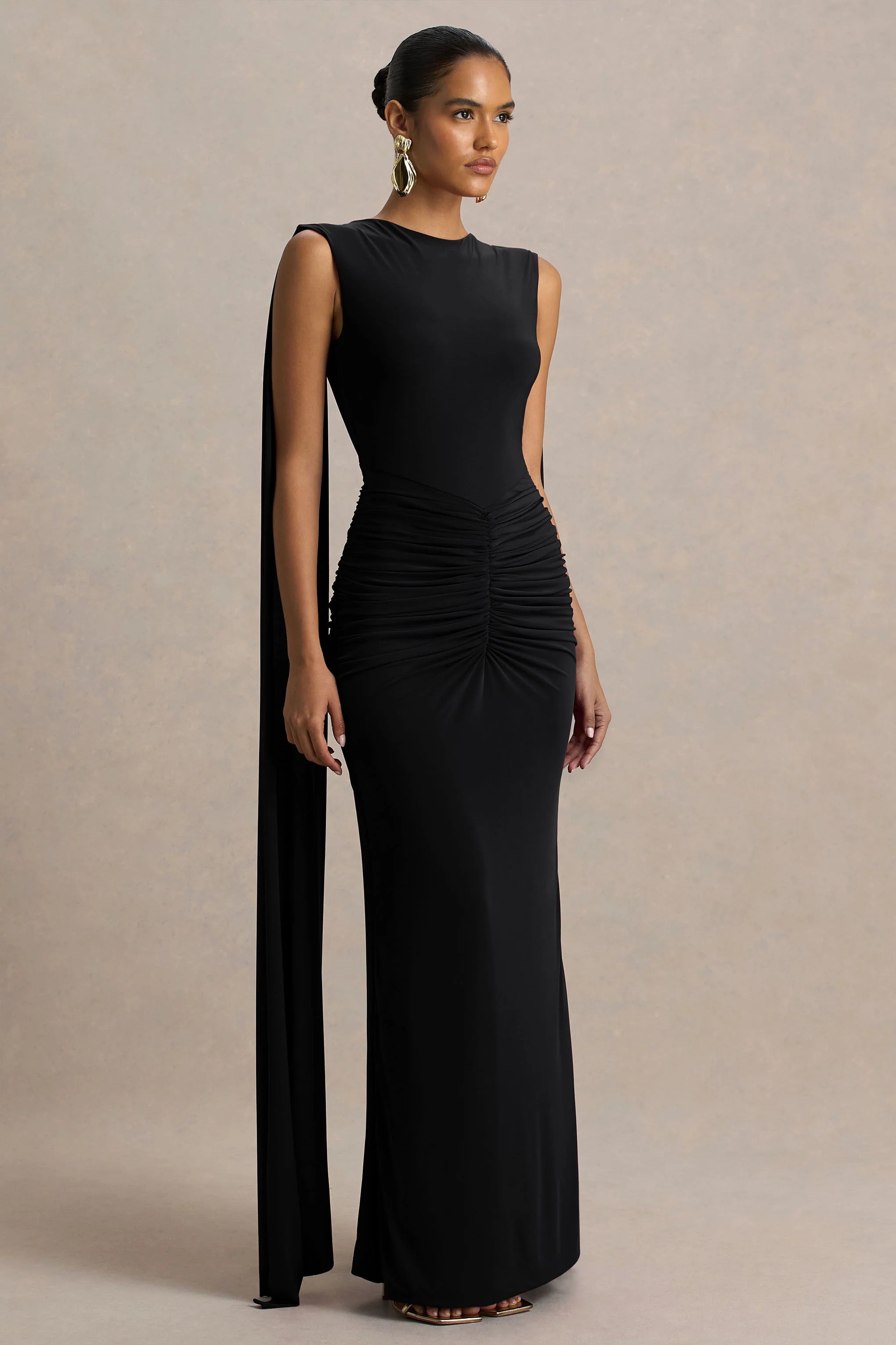 Premiere | Black Boat-Neck Maxi Dress With Open-Back And Cape-Sleeves