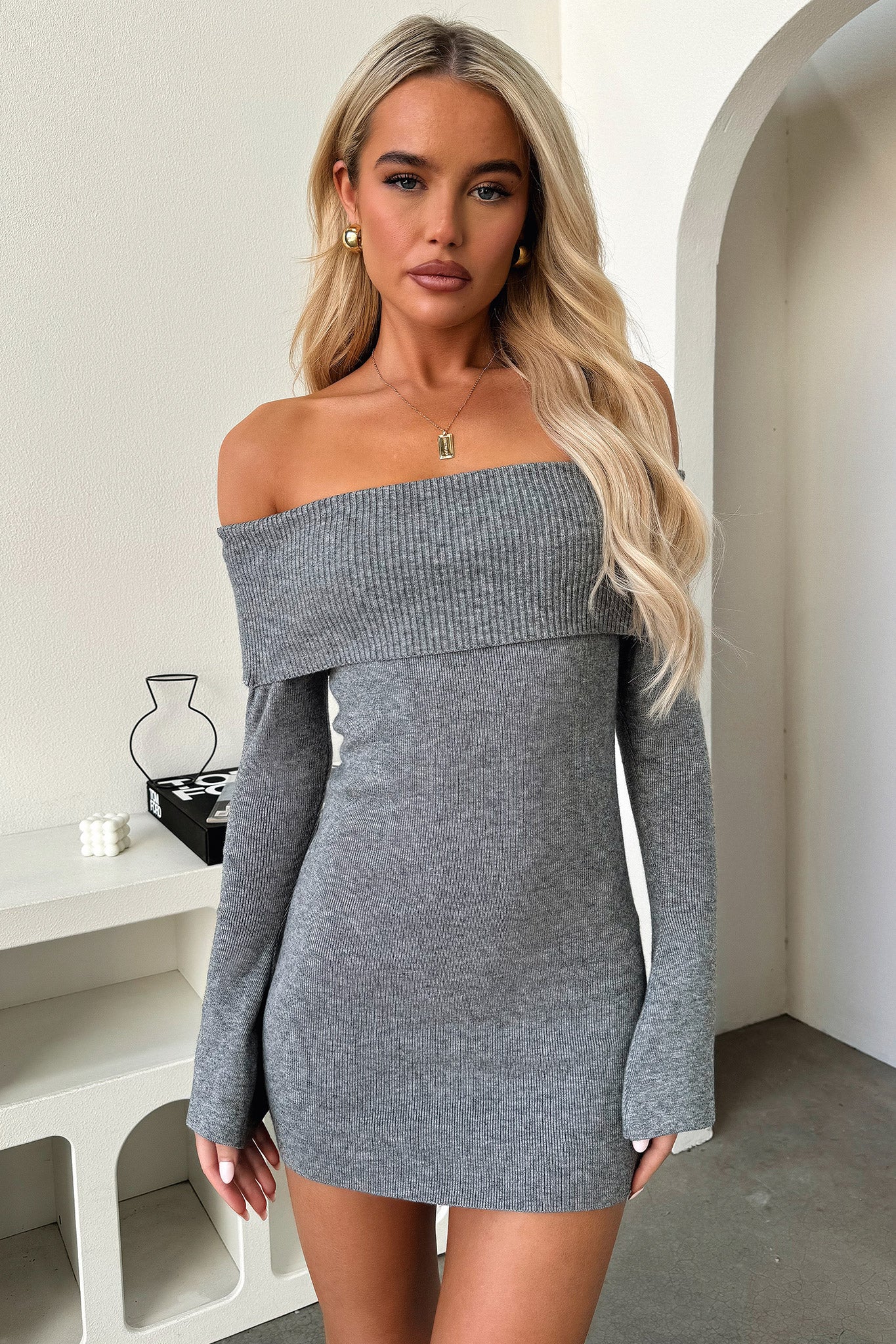 Aaliyah Off Shoulder Knit Mini Dress - Grey