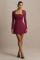 Bijou | Burgundy Square-Neck Lace Long-Sleeve Mini Dress