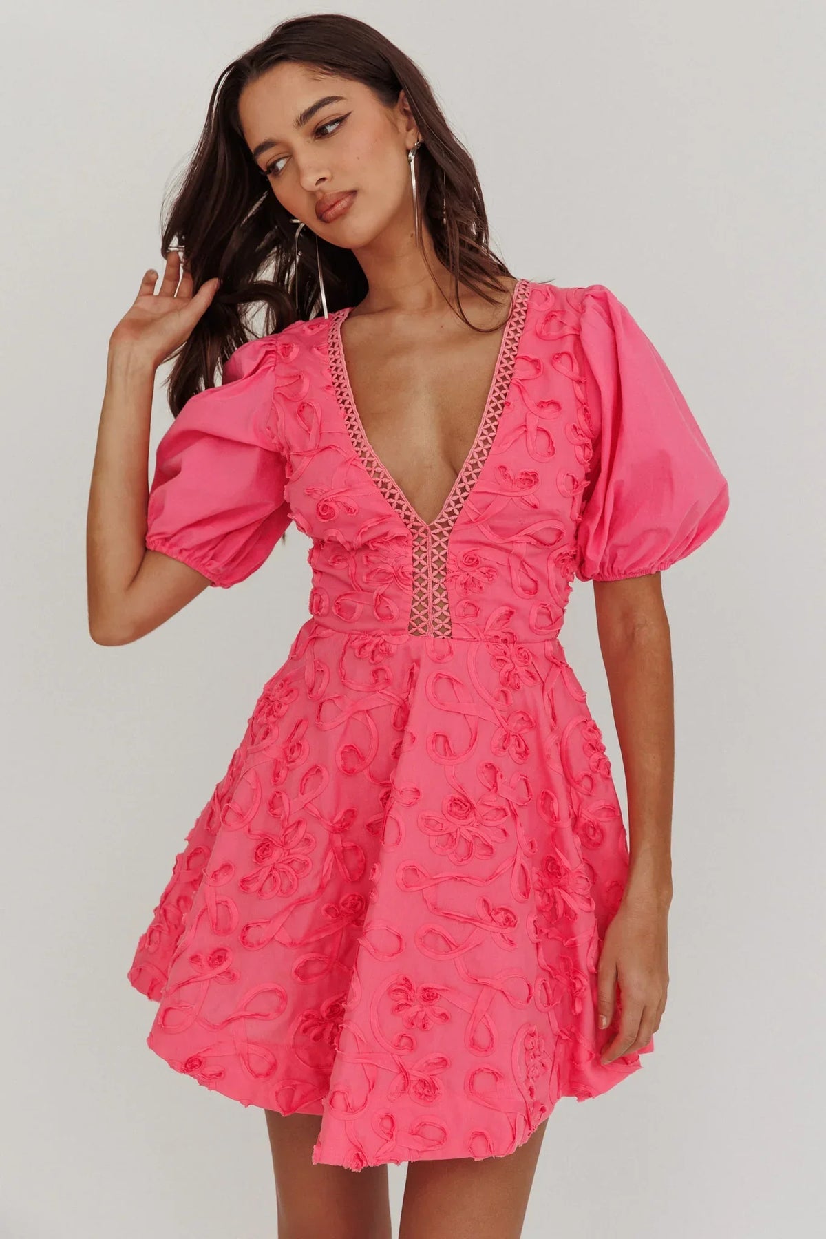 Samsara Puff Sleeve Mini Dress Hot Pink