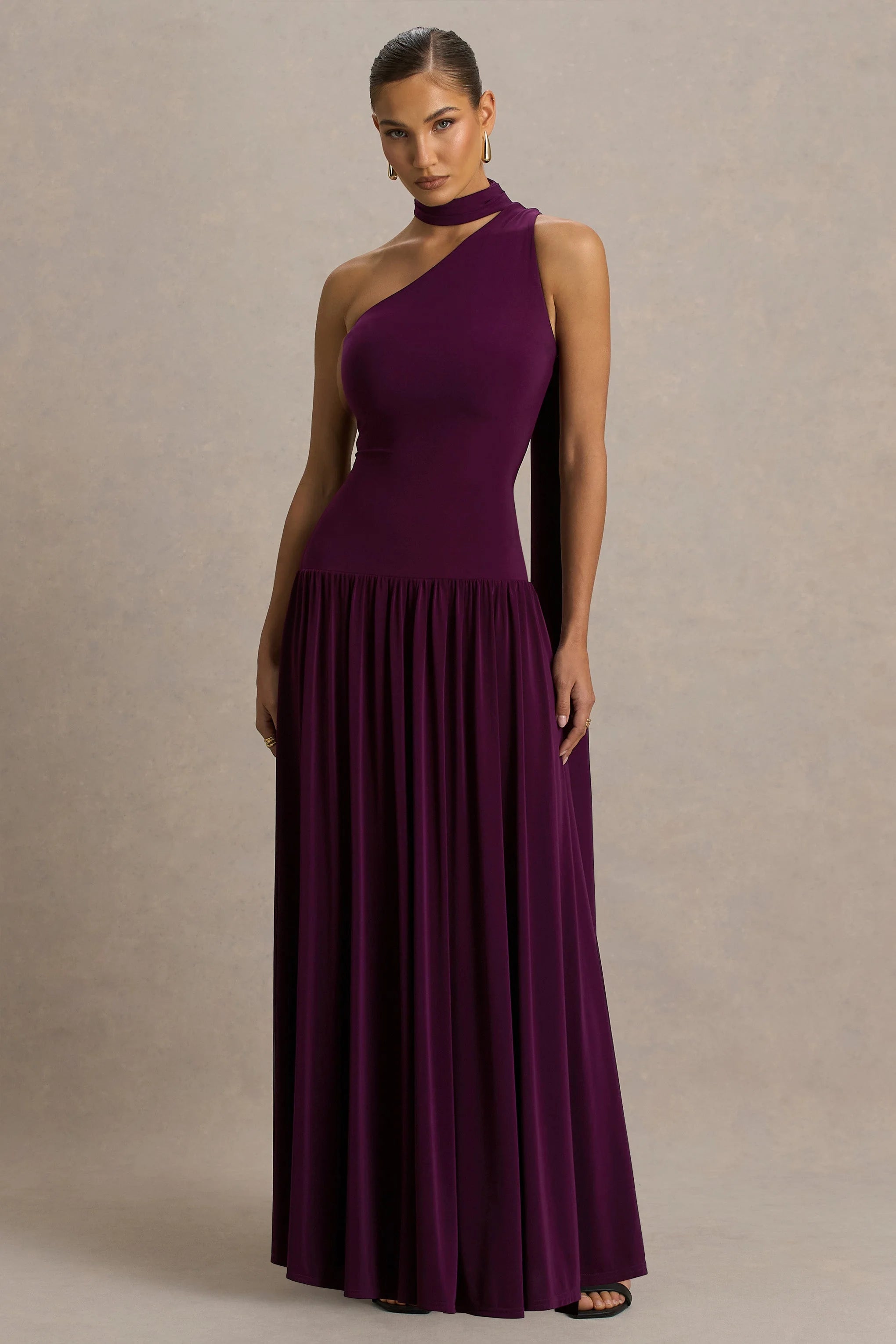 Freesia | Plum Asymmetric-Neck Maxi Dress With Scarf-Detail