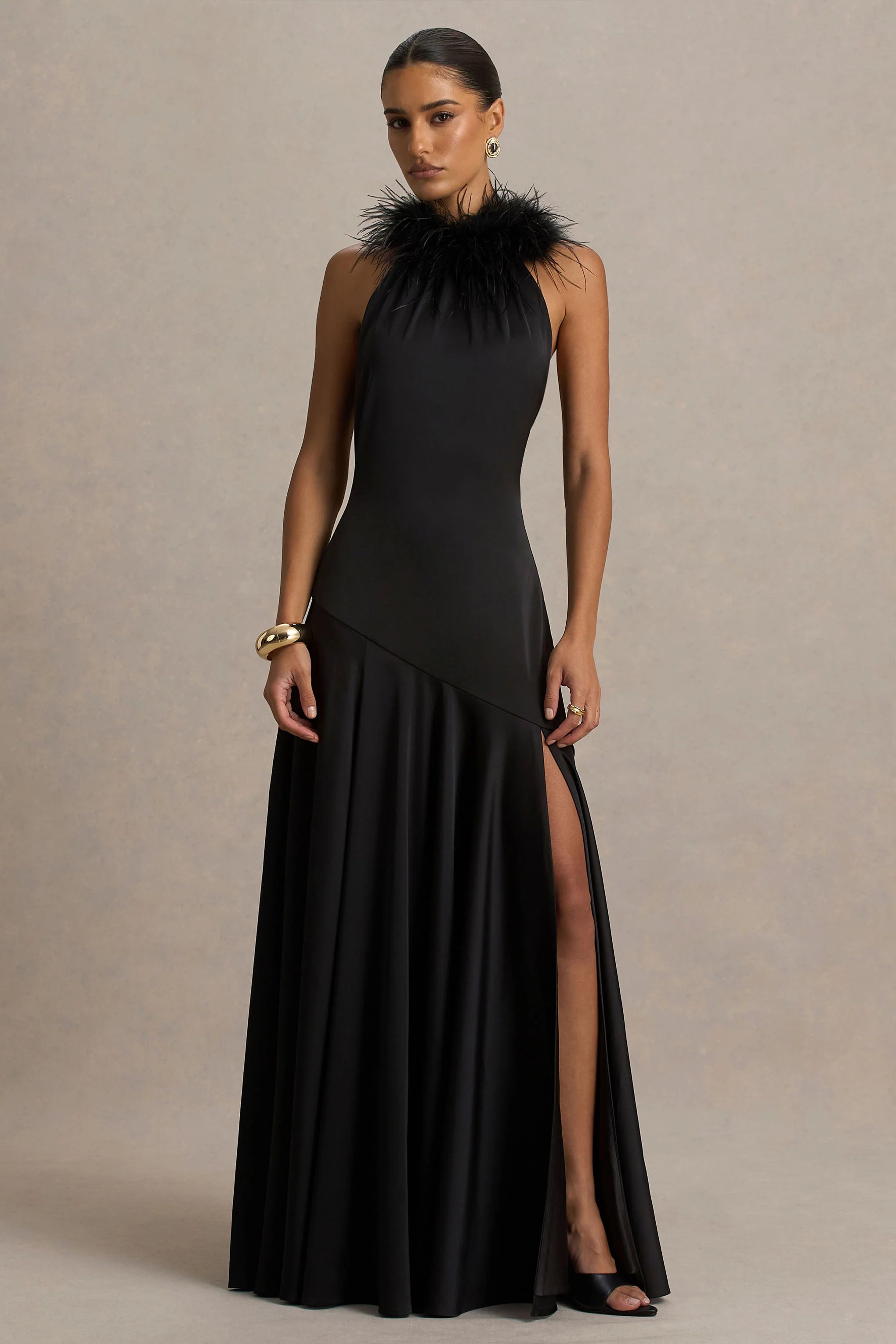 Jemima | Black Satin Halter-Neck Maxi Dress With Feather Trim