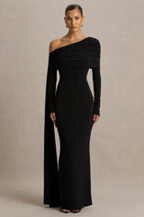 Octavia | Black Bardot-Neck Maxi Dress With Cape And Ruched Detailing