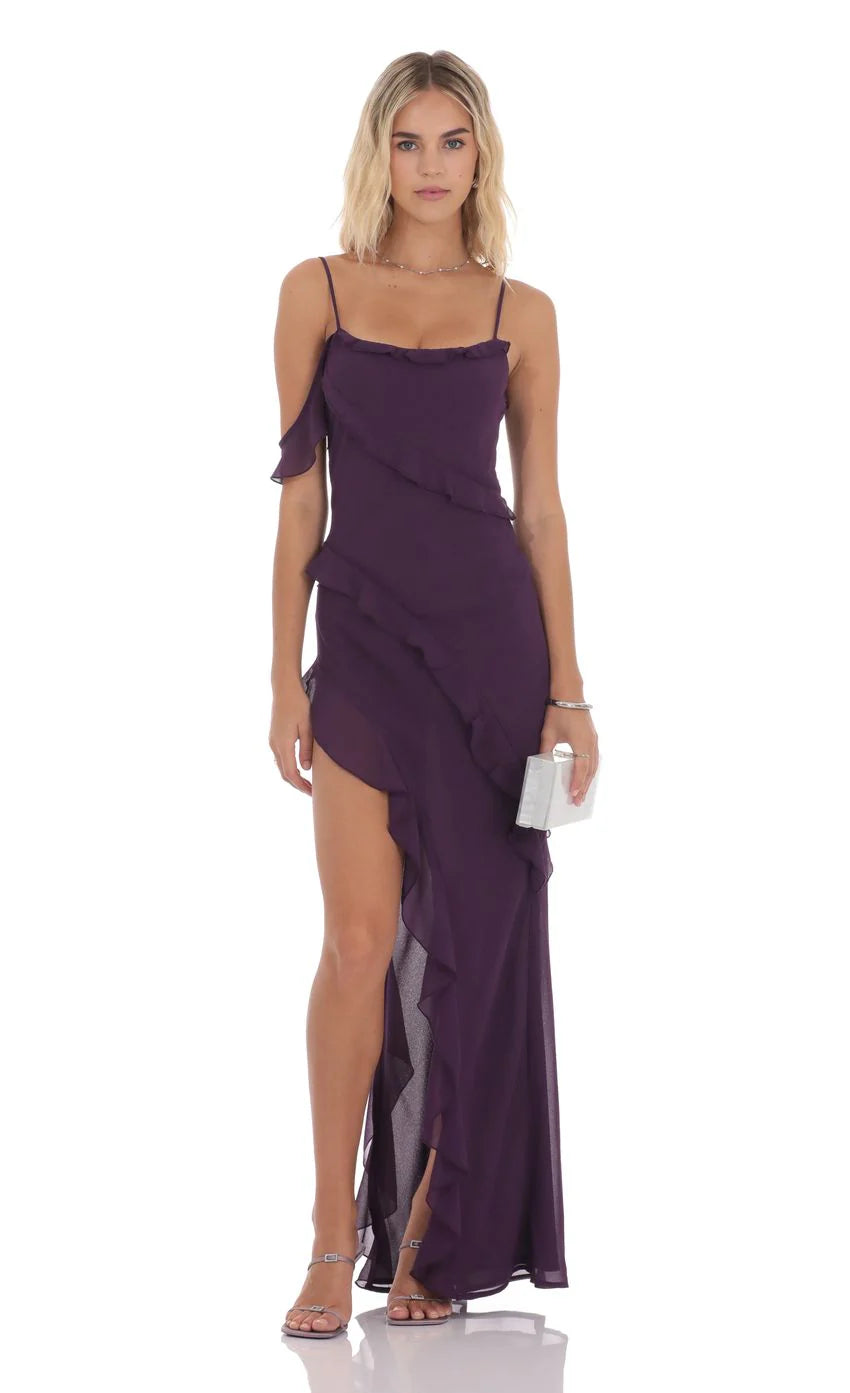 Chiffon Ruffle Maxi Dress in Purple