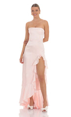 Satin Jacquard Back Bow Corset Maxi Dress in Pink