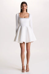 Astonish | White Long-Sleeve Embellished Square-Neck Mini Dress With Volume Skirt