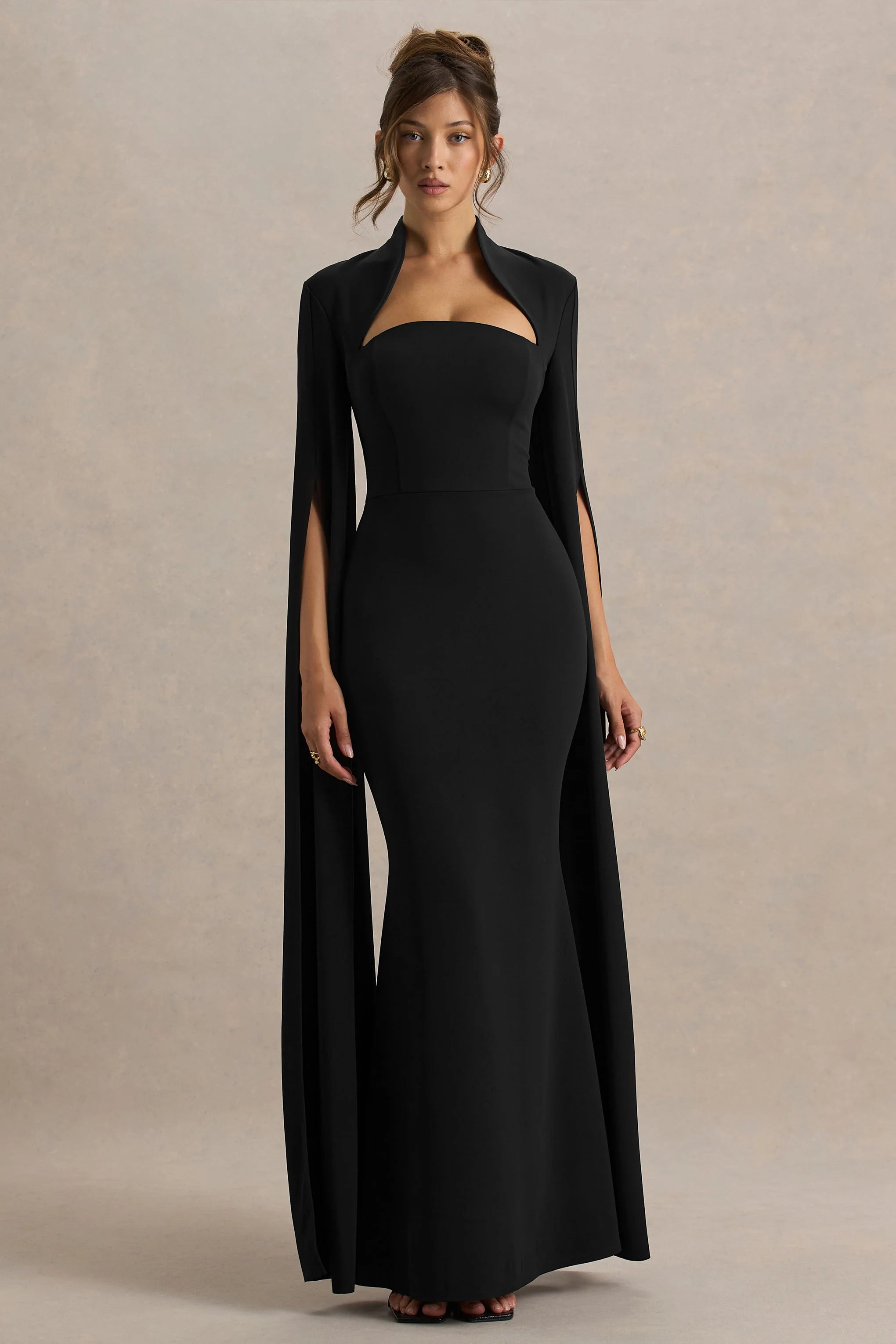 Esme | Black Square-Neck Maxi Dress With Cape Sleeves