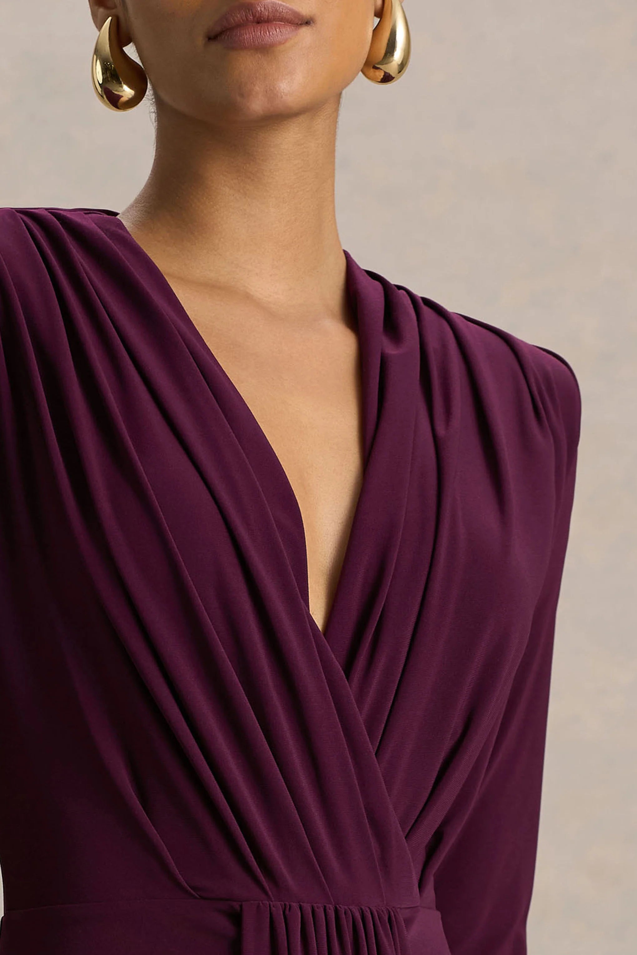Flashy | Burgundy Plunge-Neck Maxi Dress With Ruched Detailing