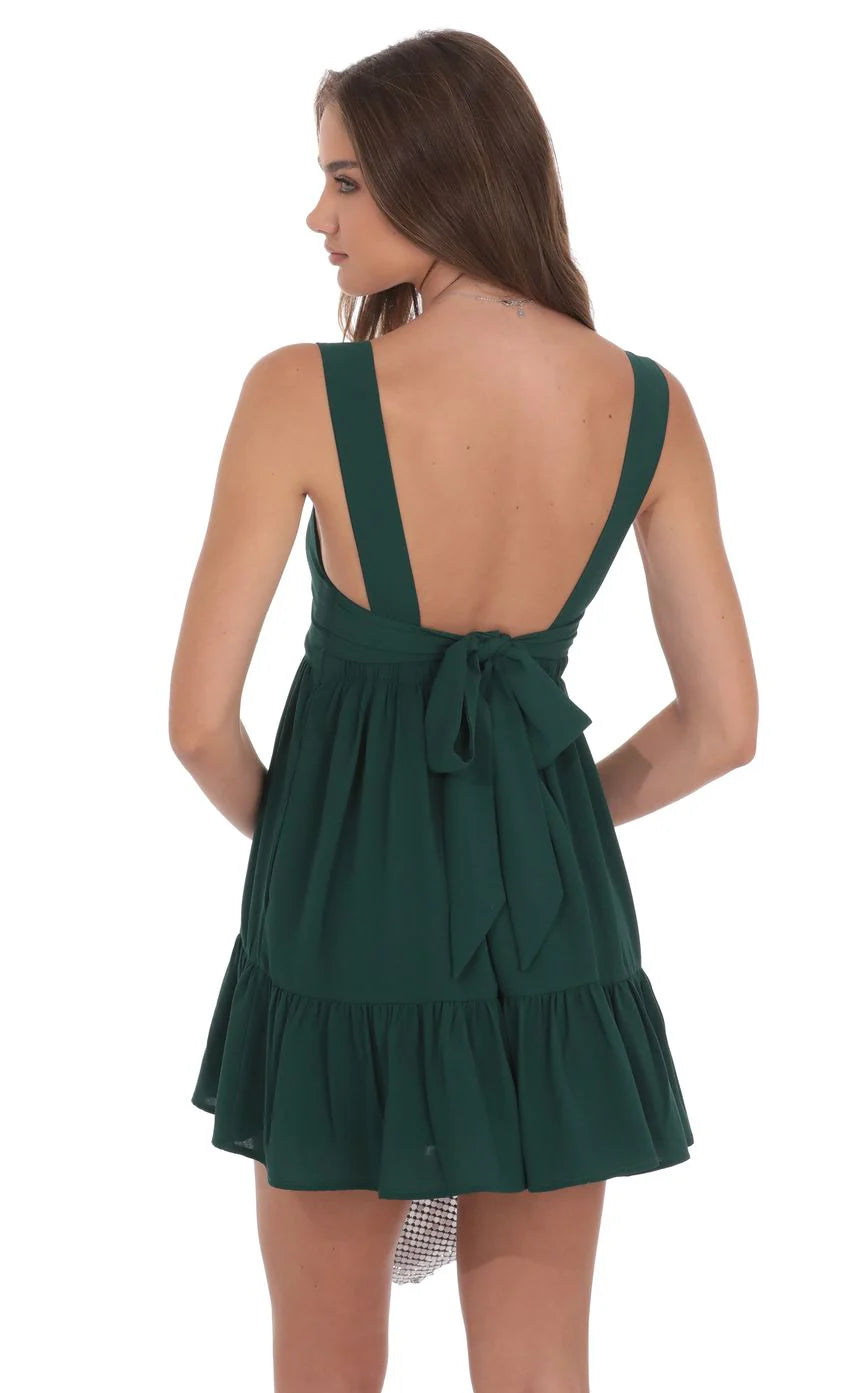 Square Neckline Babydoll Dress in Forest Green
