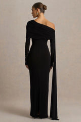 Octavia | Black Bardot-Neck Maxi Dress With Cape And Ruched Detailing