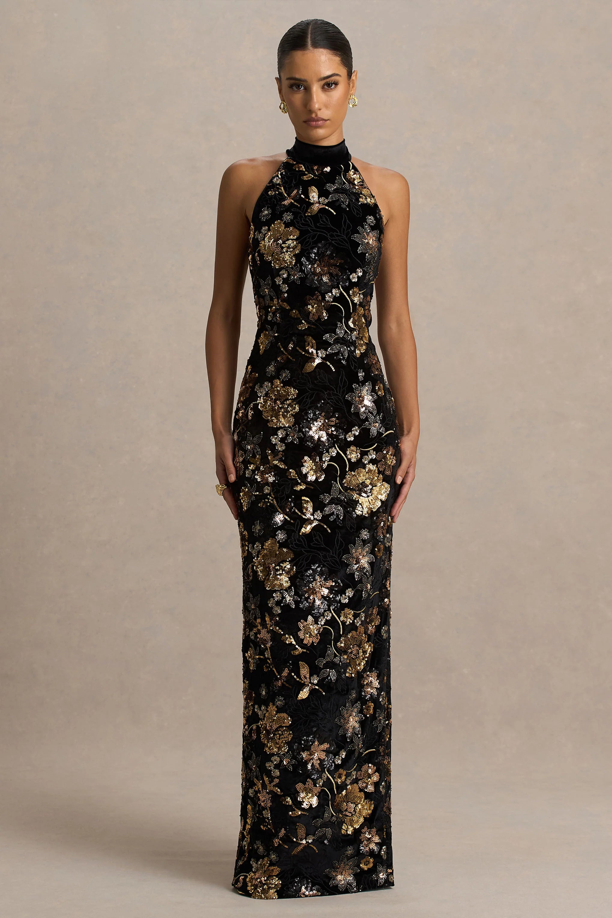 Tate | Black Velvet Halter-Neck Maxi Dress With Bronze Floral Sequin Embellishments