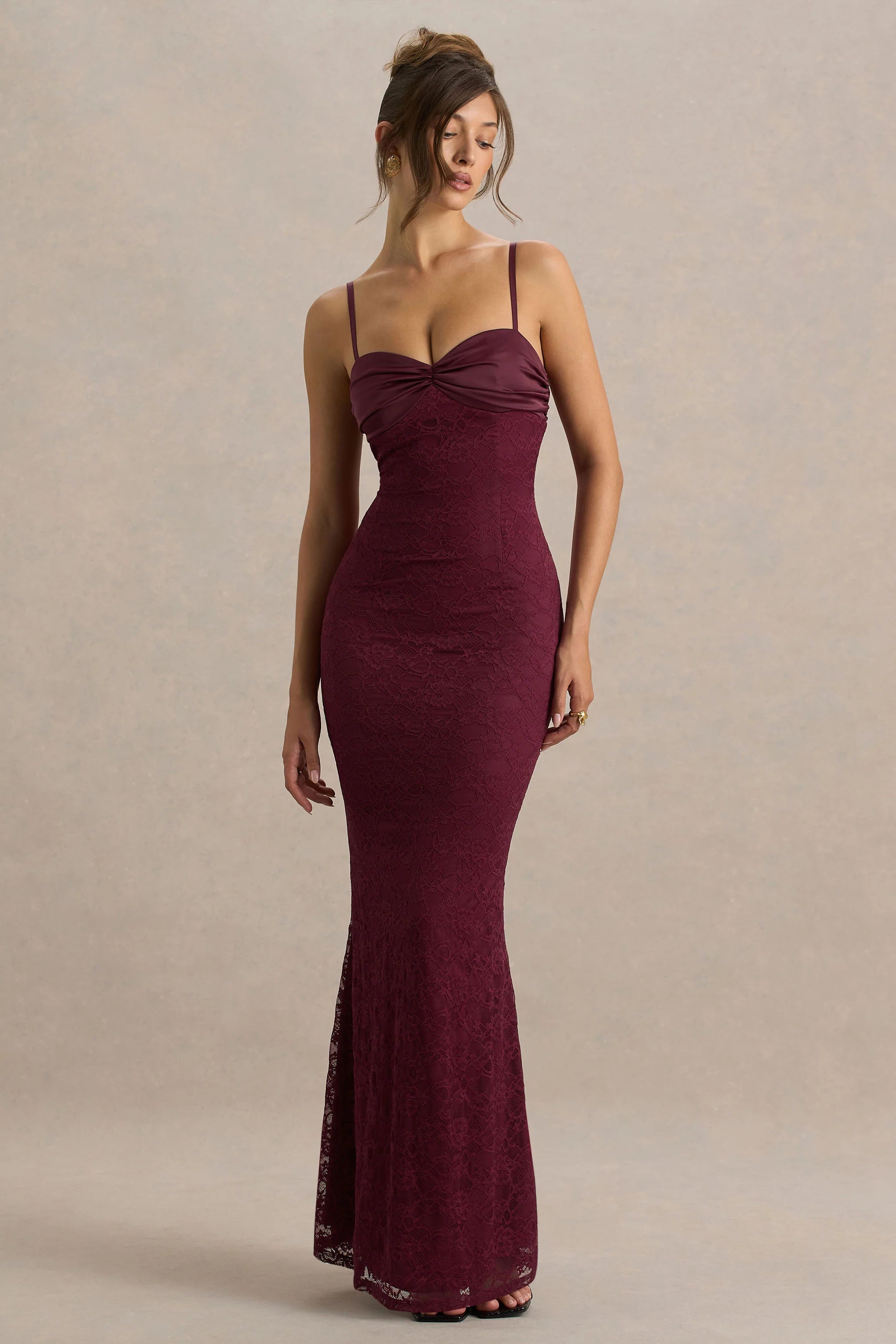 Juana | Burgundy Lace And Satin Sweetheart-Neck Satin Maxi Dress