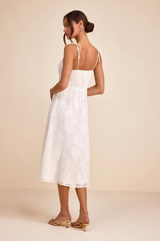 Loveliest Looks White Floral Jacquard Tie-Strap Midi Dress
